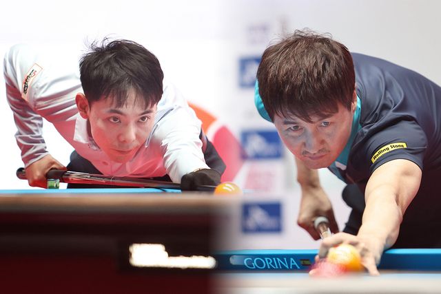 마지막까지 풀세트 사투를 벌인 한동우(좌)와 박기호(우). 세트스코어 0-2로 탈락 위기에 몰린 박기호는 5세트에 하이런 10점을 치며 16강 진출에 성공했다.