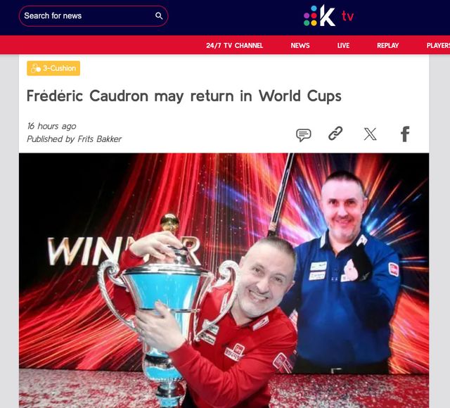 유럽 당구 매체 코줌은 UMB가 회의를 통해 프레데릭 쿠드롱의 복귀를 허가했다고 밝혔다.