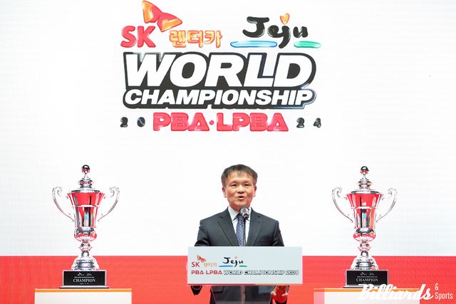 지난 3월 8일 열린 'SK렌터카 제주특별자치도 PBA-LPBA 챔피언십' 개막식에서 환영사를 하는 SK렌터카의 황일문 대표. 사진=PBA 제공