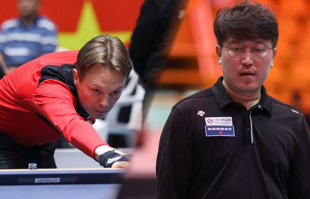 한국의 황봉주(시흥체육회·오른쪽)가 '제200회 보고타 3쿠션 당구월드컵' 8강전에서 'PBA 이적생' 글렌 호프만(네덜란드)에게 패해 아쉽게 탈락했다.&nbsp; &nbsp;사진=아프리카TV 제공