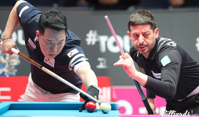 이번 시즌 PBA 팀리그 포스트시즌 챔피언결정전에서 운명의 승부를 벌였던 강동궁(왼쪽)과 무라트 나지 초클루.