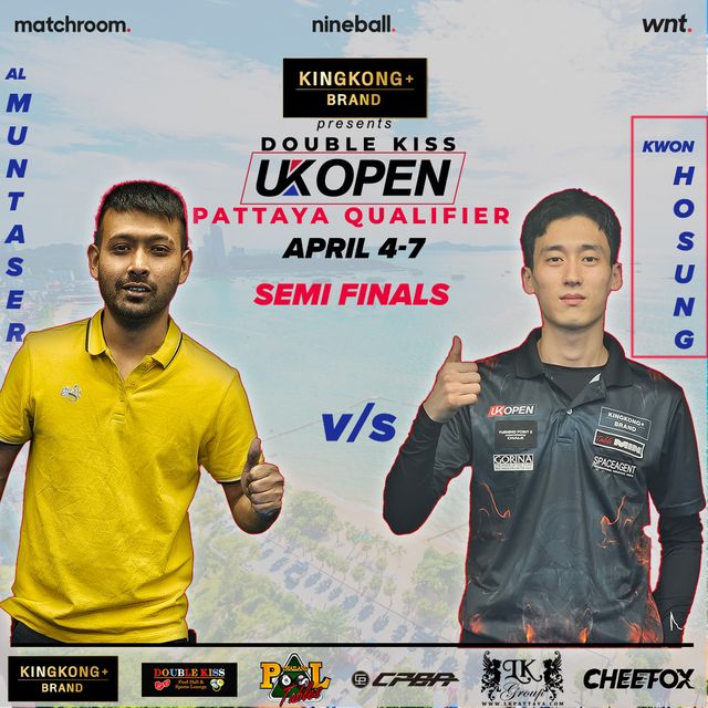'UK 오픈 풀(포켓볼) 챔피언십 2024' 파타야 예선 준결승전 대결을 알리는 이미지. 권호준의 영문 이름이 '권호성'으로 잘 못 표기되어 있다. 사진=WNT 제공