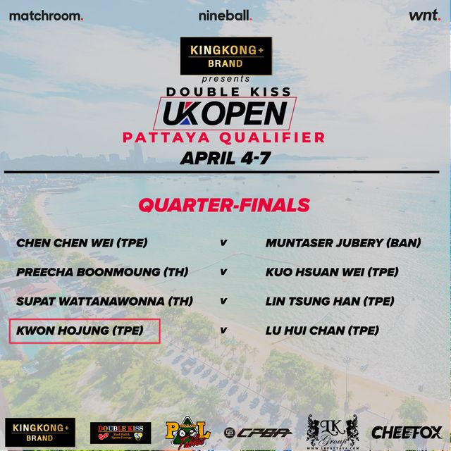 'UK 오픈 풀(포켓볼) 챔피언십 2024' 파타야 예선 8강 대진표. 권호준의 영문 이름과 국적이 잘 못 표기되어 있다. 사진=WNT 제공