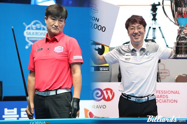 2020-21시즌 개막전 'SK렌터카 챔피언십' 우승자 오성욱(오른쪽)과 지난 시즌 프로당구 데뷔어 이충복(왼쪽)이 '2024 PBA 큐스쿨'에서 생존 경쟁을 벌인다. 사진=빌리어즈앤스포츠 DB