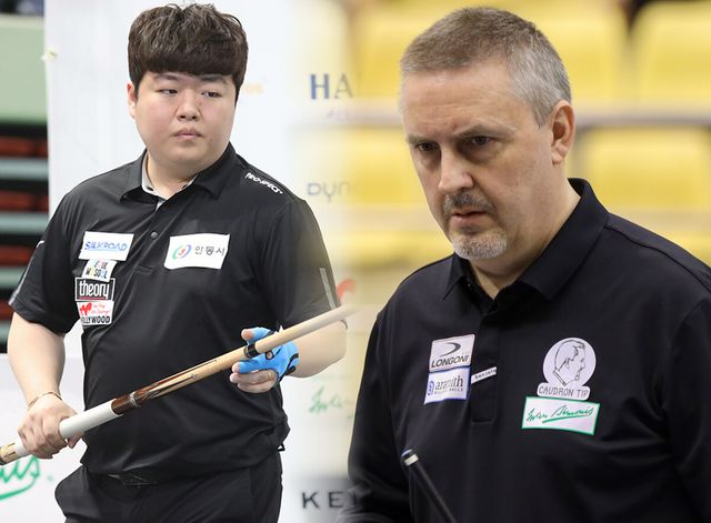 '돌아온 당구 황제' 프레데릭 쿠드롱(벨기에)과 '세계랭킹 1위' 조명우(실크로드앤시앤티-서울시청)가 호찌민 3쿠션 당구월드컵 32강 조별리그전에서 만났다.&nbsp; &nbsp;사진=빌리어즈앤스포츠 DB, SOOP 제공