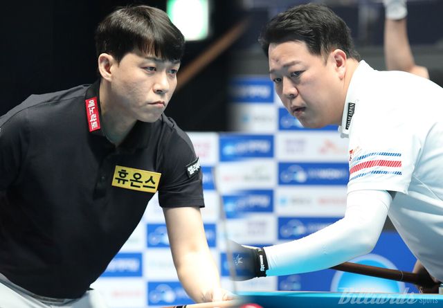 '승부사' 최성원(왼쪽)과 '헐크' 강동궁(오른쪽)이 2024-25시즌 개막전 '우리금융캐피탈 PBA 챔피언십' 128강전에서 승리했다.&nbsp; 사진=고양/이용휘 기자