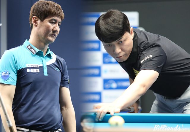 '승부사' 최성원(휴온스·오른쪽)이 '언더독 신화' 박기호(왼쪽)의 돌풍을 잠재우며 개막전 '우리금융캐피탈 PBA 챔피언십' 8강에 진출했다.&nbsp; 사진=고양/이용휘 기자