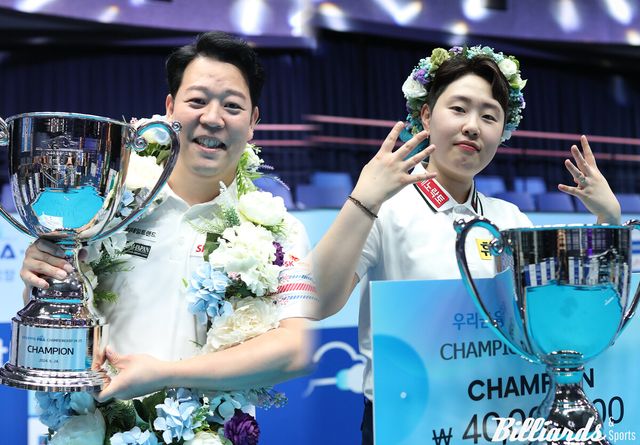앞서 열린 프로당구 개막전에서 우승한 강동궁(SK렌터카)과 김세연(휴온스).&nbsp;