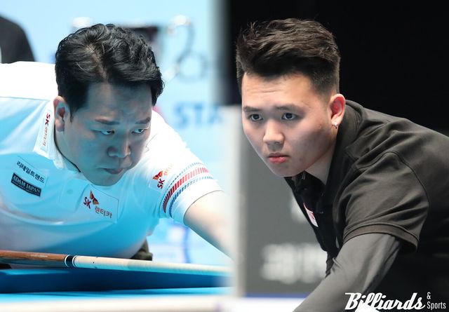 개막전 우승자 강동궁(SK렌터카)은 2차 투어 128강에서 '마민껌 아들' 마꽝(오른쪽)과 대결한다.