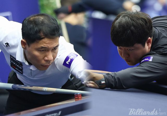 한국의 '앙카라 당구월드컵 우승자' 허정한(경남·왼쪽)과 '전 세계 1위' 조명우(실크로드시앤티-서울시청)가 '포르투 3쿠션 당구월드컵' 16강에 나란히 진출했다.&nbsp; 사진=SOOP 제공