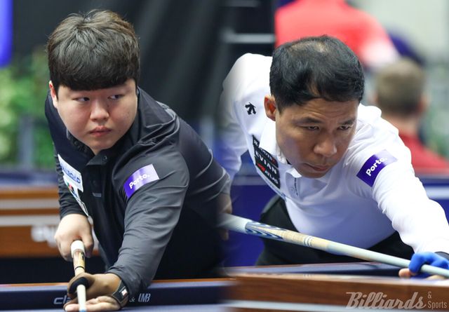 한국의 조명우(실크로드시앤티-서울시청·왼쪽)와 허정한(경남·오른쪽)이 각각 베트남의 '세계랭킹 1위' 쩐뀌엣찌엔과 '신성' 타이홍찌엠을 16강에서 제압하며 '포르투 3쿠션 당구월드컵' 8강에 진출했다.&nbsp; 사진=SOOP 제공