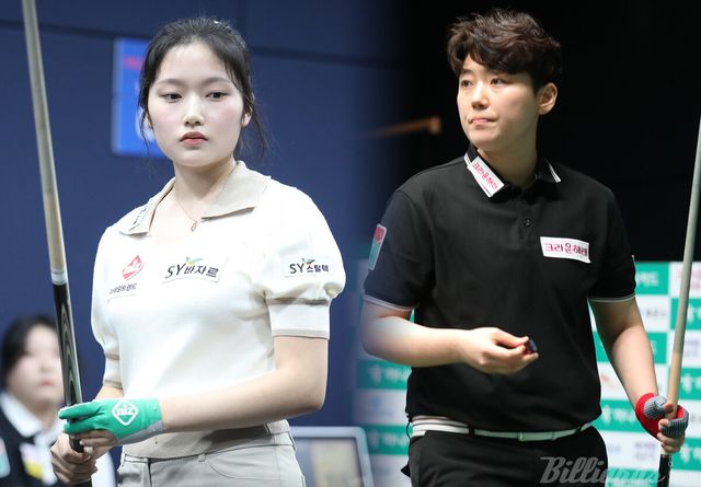 여자 프로당구 24-25시즌 2차 투어 '하나카드 챔피언십' 32강전에서 한지은(에스와이·왼쪽)과 '디펜딩 챔피언' 백민주(크라운해태)가 맞붙는다.&nbsp; 사진=고양/이용휘 기자