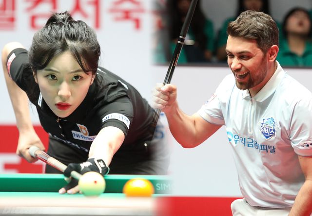 NH농협카드가 1라운드 마지막 경기를 풀세트에서 이기면서 하나카드와 승점15로 동점이 되면서 최종 순위 3위를 차지했고, 하나카드는 우리금융캐피탈에 패하고도 2위에 올랐다. 사진은 마지막 경기에서 NH농협카드를 1-3의 위기에서 건져낸 정수빈(왼쪽)과 5세트에서 하나카드를 꺾은 우리금융캐피탈 잔 차파크(튀르키예).&nbsp; 사진=고양/이용휘 기자&nbsp;&nbsp;