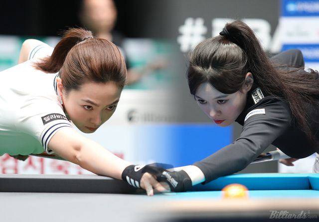 '당구 여신' 차유람(휴온스·왼쪽)과 'LPBA 바비인형' 서한솔(우리금융캐피탈·오른쪽)이 프로당구 첫 해외투어 '2024 LPBA 에스와이 바자르 하노이 오픈' 32강전에서 만났다.&nbsp; 빌리어즈앤스포츠 DB