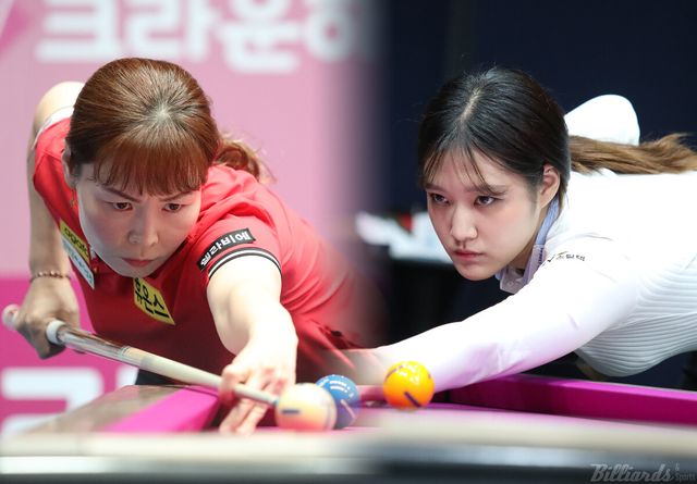 '3쿠션 세계선수권자' 이신영(왼쪽)과 'LPBA 다크호스' 권발해(오른쪽)가 4차 투어 '크라운해태 LPBA 챔피언십 2024 한가위' 예선 1라운드 경기에서 승리했다.&nbsp; 사진=고양/이용휘 기자&nbsp;