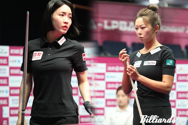 전체 순위 1위로 64강을 통과한 최혜미(왼쪾)와 '끝내기 하이런 13점'으로 대역전극을 만들어낸 김가영(오른쪽). 사진=고양/이용휘 기자