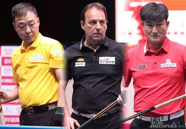 '하노이 부활 3인방' 다니엘 산체스(가운데)와 엄상필(왼쪽), 이충복(오른쪽)이 4차 투어 128강 첫 경기에 나선다.&nbsp; &nbsp;빌리어즈앤스포츠 DB.