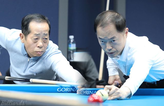 아시안게임 동메달리스트 김정규(왼쪽)와 투어 2회 준우승자 조방연(오른쪽)이 드림투어 7차전 64강에서 만났다.&nbsp; 사진=빌리어즈앤스포츠 DB