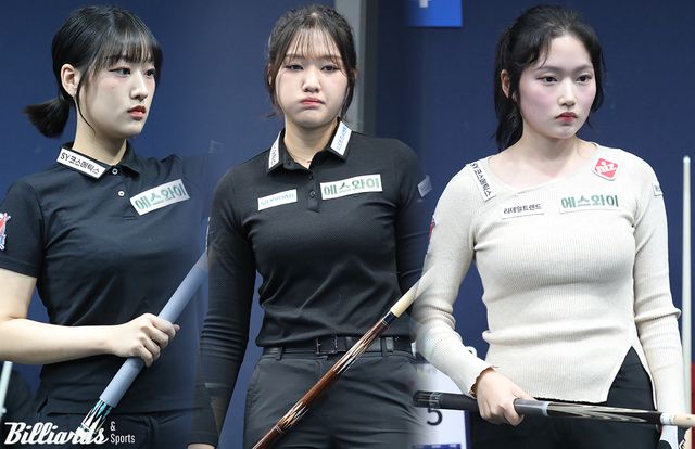 에스와이 빌더스의 '여걸 3인방'이 64강에서 운명이 엇갈렸다. 한지은(맨 오른쪽)과 권발해(가운데)는 어려운 승부를 뒤집고 승리한 반면, 장가연(맨 왼쪽)은 막판 뱅크 샷 두 방을 실패하며 아쉽게 탈락했다.&nbsp; 사진=고양/이용휘 기자