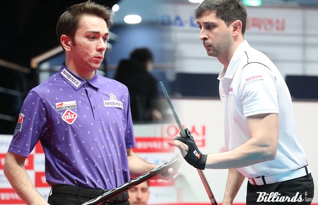 '2006년생 신예' 부라크 하샤시(하이원리조트·왼쪽)가 'PBA 랭킹 1위' 다비드 마르티네스(크라운해태·오른쪽)를 32강에서 꺾었다.&nbsp; 사진=고양/이용휘 기자