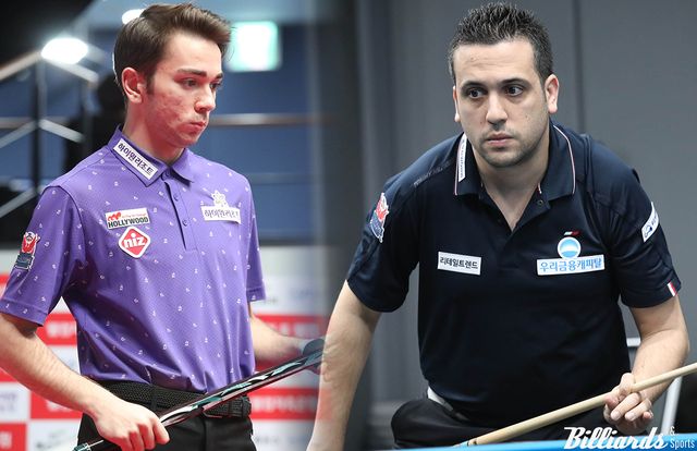 '무서운 10대' 부라크 하샤시(하이원리조트·왼쪽)가 다비드 사파타(우리금융캐피탈·오른쪽)에게 패하며 마지막 정규투어 도전을 마감했다.&nbsp; 사진=고양/이용휘 기자