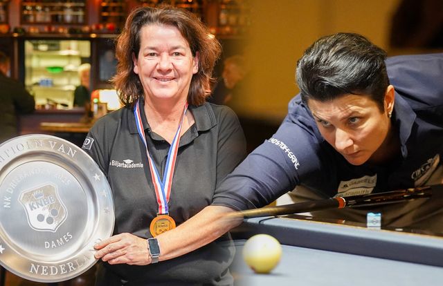 테레사 클롬펜하우어(오른쪽)가 17년 만에 네덜란드 여자 3쿠션 챔피언 자리에서 물러났다. 왼쪽은 클롬펜하우어를 꺾고 우승한 카리나 예텐.&nbsp; 사진=Ton Smilde