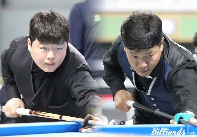조명우(왼쪽)가 1일 열린 전국체전 캐롬 1쿠션 결승전에서 박수영(오른쪽)에게 96:100으로 역전패를 당해 우승 독주를 멈췄다.&nbsp; 사진=빌리어즈앤스포츠 DB