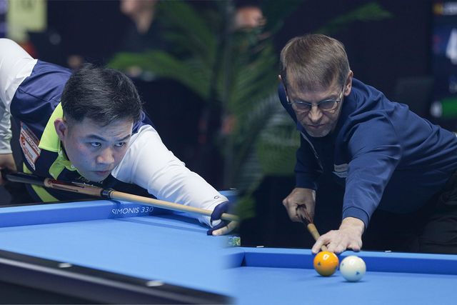 4이닝 만에 40점을 득점하며 당구월드컵 애버리지 신기록을 작성한 바오프엉빈(좌)과 성공적인 복귀전을 치름 토브욘 블롬달(우). 사진=SOOP 제공