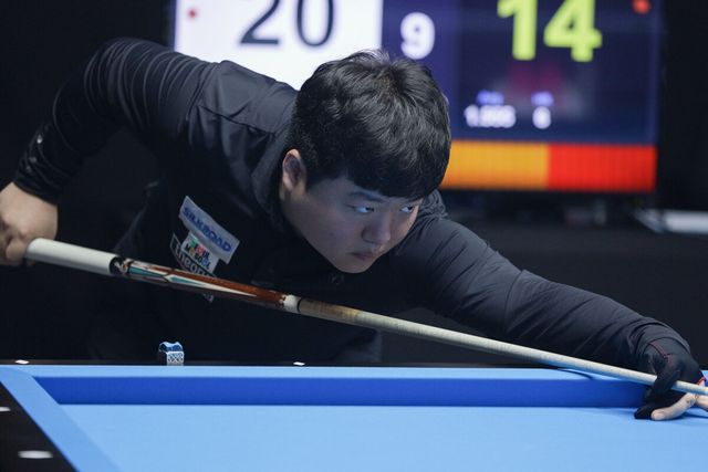 조명우(서울시청)가 앤트워프 3쿠션 당구월드컵 32강 조별리그에서 3전 전승으로 B조 1위에 올라 16강에 진출했다.&nbsp; 사진=고양/이용휘 기자