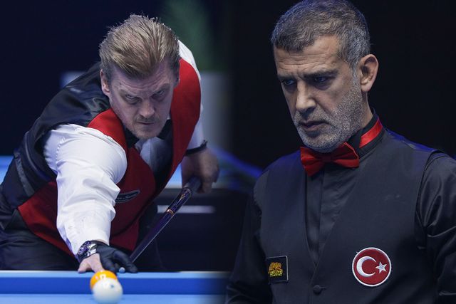 타이푼 타슈데미르(오른쪽)가 세계선수권 32강에서 덴마크의 토마스 안데르센(왼쪽)에게 패해 탈락하는 이변이 연출됐다.&nbsp; 사진=SOOP 제공