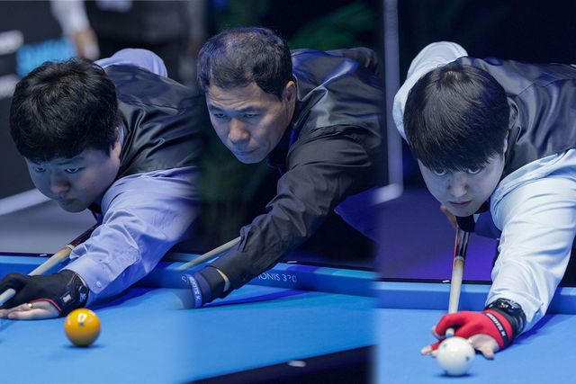 제77회 세계3쿠션선수권대회 16강 진출에 성공한 조명우, 허정한, 이범열. 사진=SOOP 제공