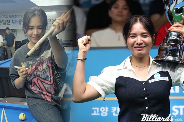 캄보디아 출신으로 당구계 최고의 스타로 발돋움한 스롱 피아비(우리금융캐피탈). 왼쪽은 당구 큐에 사인을 해주는 스롱, 오른쪽은 LPBA 투어에서 통산 9승을 달성한 스롱.&nbsp; 사진=이용휘 기자, 스롱 피아비 SNS