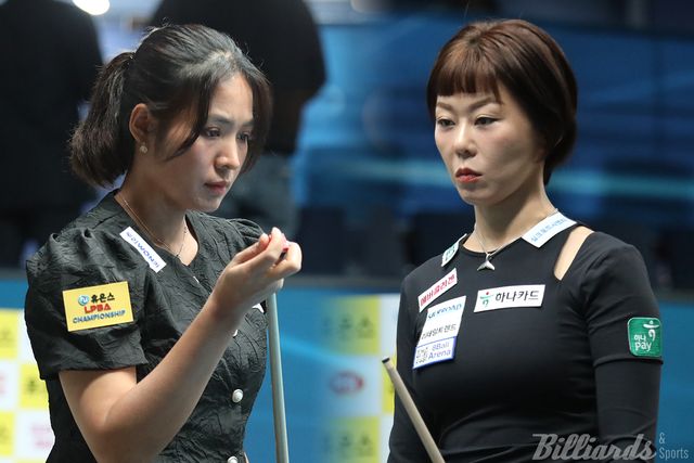 김가영(하나카드·오른쪽)과 스롱 피아비(우리금융캐피탈·왼쪽)가 6차 투어 휴온스 LPBA 챔피언십 64강전을 나란히 승리하고 32강에 동시 출격한다.&nbsp; 사진=고양/이용휘 기자