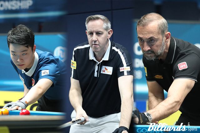 동시에 2점대의 애버리지를 기록하며 32강을 통과한 (왼쪽부터) 김영원, 에디 레펀스, 세미 사이그너. 사진=고양/이용휘 기자