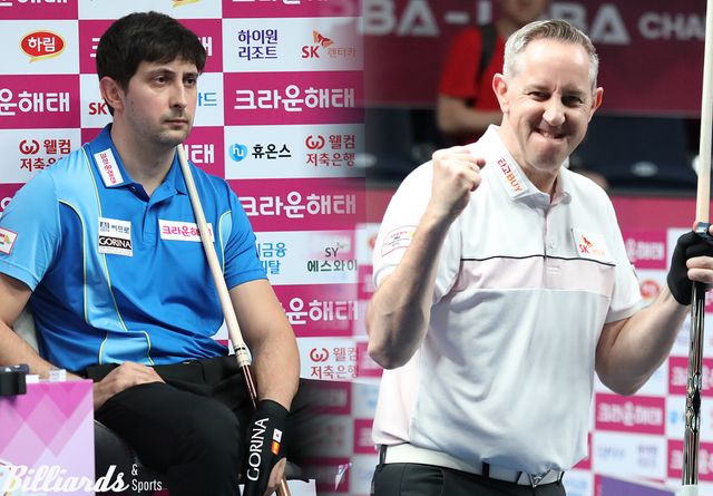 다비드 마르티네스(왼쪽)가 16강전에서 승리까지 단 1점을 남겨두고서 에디 레펀스(오른쪽)에게 역전패를 당했다.&nbsp; 사진=고양/이용휘 기자