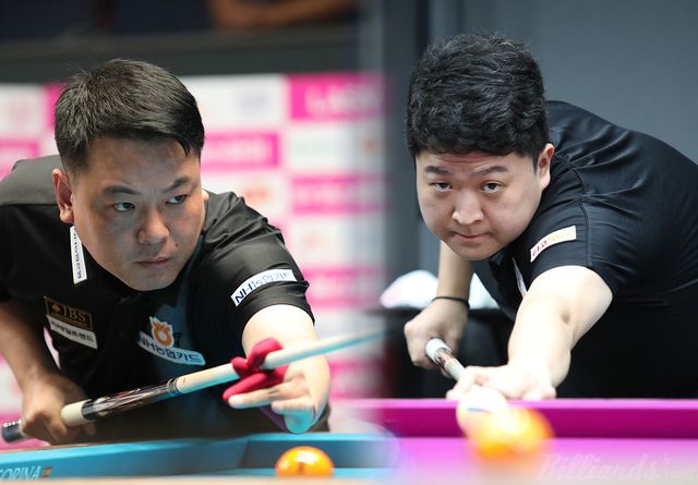 조재호(왼쪽)와 조건휘(오른쪽)가 9개월여 만에 한가위 당구 대전 16강에서 재대결을 벌인다.&nbsp; 사진=고양/이용휘 기자
