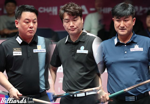 5번째 열린 한가위 당구 대전 '크라운해태 챔피언십'에서 한국 선수 6명이 8강에 진출, 2년 연속 우승을 차지할 수 있을지 주목된다. 사진은 8강에 올라간 조재호(NH농협카드), 강민구(우리금융캐피탈), 이충복(하이원리조트).&nbsp; 사진=고양/이용휘 기자