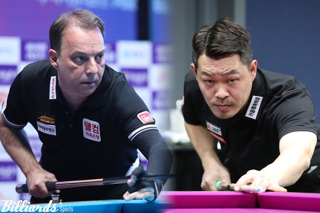프로당구 7차 투어 하이원리조트 PBA 챔피언십 준결승전에서 다니엘 산체스(웰컴저축은행)와 한국의 이상용(오른쪽)이 두 번째 승부를 벌인다.&nbsp; 사진=정선/이용휘 기자