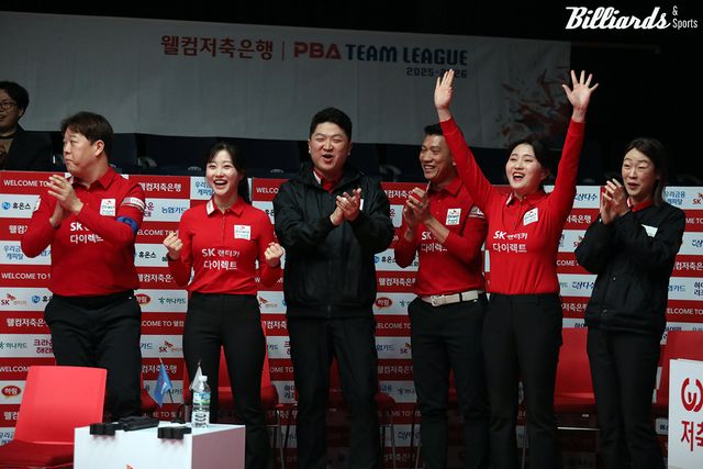 승리에 기뻐하는 SK렌터카 선수들.