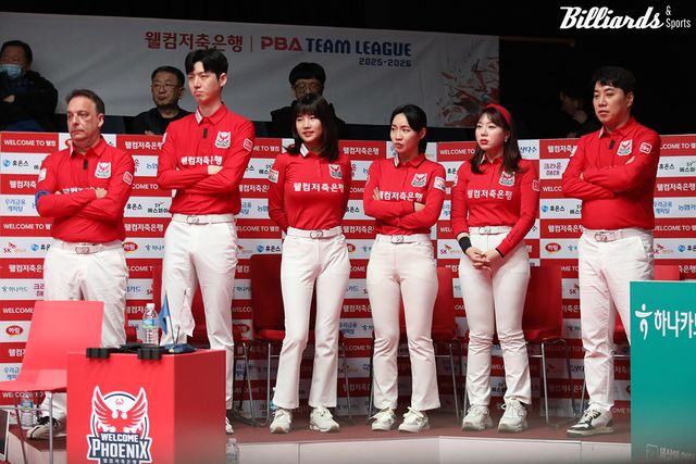 웰컴저축은행 선수들. 왼쪽부터 다니엘 산체스(스페인), 한지승, 용현지, 최혜미, 김예은, 김종원.&nbsp; 사진=이용휘 기자