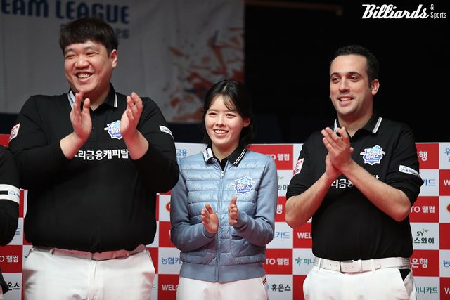 웰컴저축은행을 꺾은 우리금융캐피탈. 왼쪽부터 선지훈, 서한솔, 다비드 사파타(스페인).&nbsp; 사진=이용휘 기자