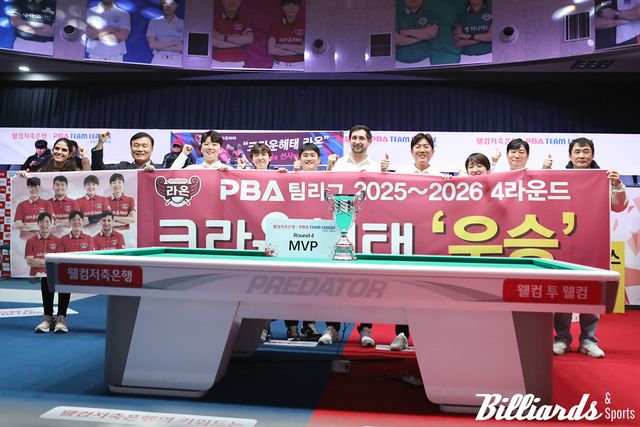 4라운드 우승 기념사진을 찍고 있는 크라운해태 라온. 기종표 단장(왼쪽 두 번째)과 최진효 팀장(맨 오른쪽), 마르티네스의 아내(맨 왼쪽) 등 관계자들도 함께 기쁨을 만끽하고 있다.