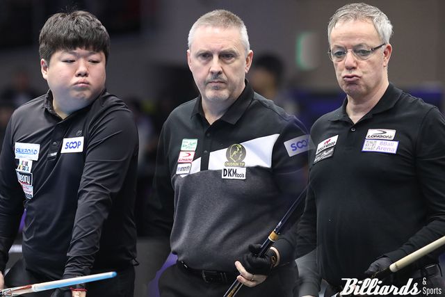 세계 3쿠션 톱랭커 조명우(서울시청)와 프레데리크 쿠드롱(벨기에), 딕 야스퍼스(네덜란드)가 광주 세계3쿠션당구월드컵 조별리그 첫 경기에서 나란히 패하는 이변이 연출됐다.&nbsp; 사진=광주/이용휘 기자