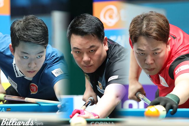 김영원(하림)과 조재호(NH농협카드), 강동궁(SK렌터카·왼쪽부터)이 7차 투어 하이원리조트 챔피언십 16강에 진출했다.&nbsp; 사진=이용휘 기자