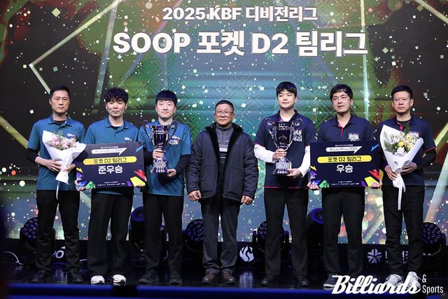 포켓 D2리그 우승팀 풀하우스(오른쪽)와 준우승팀 팝콘(왼쪽).