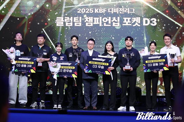 포켓 D3 클럽팀 챔피언십 입상팀.&nbsp;공동3위 김우재·안광욱, 준우승 고태영·김보건, 우승 임윤미·김수웅, 공동3위 권보미·이준호