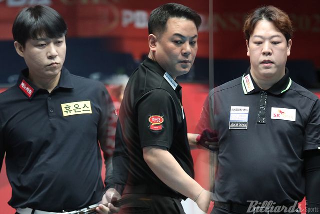 한국의 '3쿠션 최강' 조재호(NH농협카드·가운데)와 강동궁(SK렌터카·오른쪽), 최성원(휴온스·가운데)이 8차 투어 16강에 진출, 8강행에 도전한다.&nbsp; 사진=고양/김민영 기자