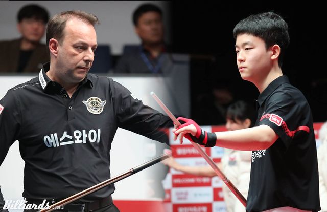 산체스와 김영원이 12일 오후 6시에 시작하는 에스와이 대 웰컴저축은행의 3세트 남자단식에서 사상 첫 대결을 벌인다.