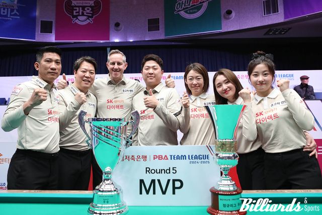 창단 5년 만에 정규리그 두 라운드 우승과 정규리그 1위에 오른 SK렌터카 다이렉트. 왼쪽부터 응오딘나이(베트남), 주장 강동궁, 에디 레펀스(벨기에), 조건휘, 히다 오리에(일본), 강지은, 조예은.&nbsp; 사진=고양/이용휘 기자