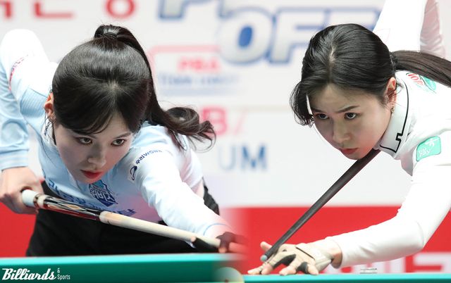 우리금융캐피탈과 하나카드의 플레이오프 4차전이 24일 오후 3시에 경기도 고양시의 고양 킨텍스 PBA 스타디움에서 열린다. 사진은 우리금융캐피탈 서한솔(왼쪽)과 하나카드 김진아(오른쪽).&nbsp; 사진=이용휘 기자